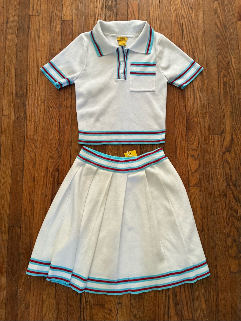 Daisy White Polo Crop Top & Pleated Skirt Set with Blue and Red Trim